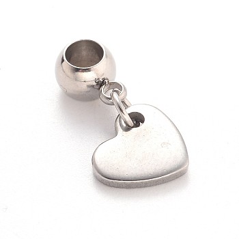 Heart 304 Stainless Steel European Large Hole Dangle Charms, Stainless Steel Color, 20mm, Hole: 4mm
