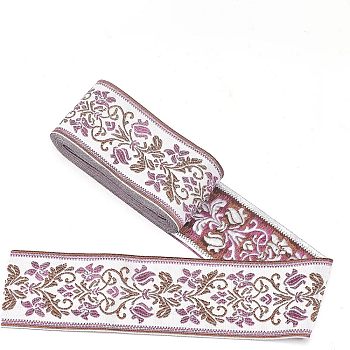 Ethnic style Embroidery Polyester Ribbons, Jacquard Ribbon, Garment Accessories, Single Face Floral Pattern, Orchid, 2-3/8 inch(60mm), about 5.47 Yards(5m)/Bundle