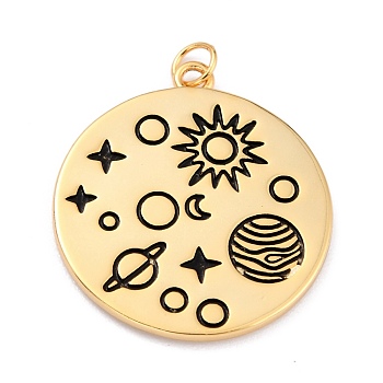 Brass Enamel Pendants, Solar System Pendants, with Jump Rings, Long-Lasting Plated, Flat Round & Planet, Black, Real 18K Gold Plated, 24x21.5x1.5mm, Hole: 3mm