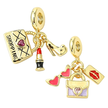 2Pcs 2 Styles Rack Plating Brass Cubic Zirconia European Dangle Charms Large Hole Pendants, Long-Lasting Plated, Cadmium Free & Lead Free, Mixed Shape, Real 18K Gold Plated, 27~29mm, Hole: 4.5mm, 1pc/style