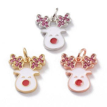Brass Micro Pave Cerise Cubic Zirconia Pendants, with White Enamel & Jump Rings, Long-Lasting Plated, For Christmas, Reindeer/Stag, Mixed Color, 15x13x1.5mm, Hole: 3mm, Jump Ring: 5x1mm