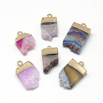 Natural Druzy Agate Pendants, with Brass Findings, Dyed, Golden, 23~32x15~18x7~10mm, Hole: 2~2.5mm