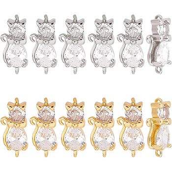 12Pcs 2 Colors Brass Clear Cubic Zirconia Connector Charms, Cat, Platinum & Golden, 18x8x5mm, Hole: 1.2mm, 6pcs/color