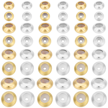 64Pcs 8 Styles Brass Beads, with Rubber Inside, Slider Beads, Long-Lasting Plated, Rondelle, Golden & Silver, 5~8x2.5~4mm, Rubber Hole: 1.2~2mm, 8pcs/style
