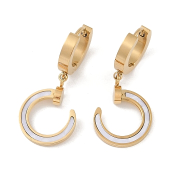 PVD Vacuum Plating 201 Stainless Steel C-Shaped Hoop Earrings, with Shell & 304 Stainless Steel Pin, Golden, 35x15mm