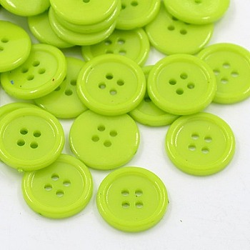 Acrylic Sewing Buttons, Plastic Shirt Buttons for Costume Design, 4-Hole, Dyed, Flat Round, Yellow Green, 17x2mm, Hole: 1mm