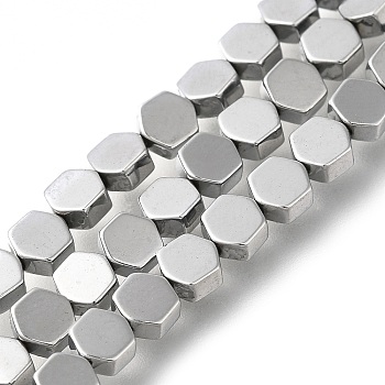 Electroplated Synthetic Non-magnetic Hematite Beads Strands, Hexagon, Platinum Plated, 4.2x4x2mm, Hole: 0.6mm, about 102~104pcs/strand, 16.02 inch(40.7cm)