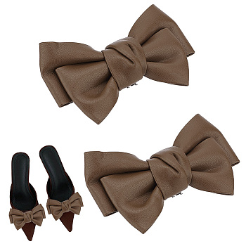 Leather Bowknot Shoe Decorations, Detachable Shoe Buckle Clips, with Iron Findings, Coconut Brown, 75x116x30mm