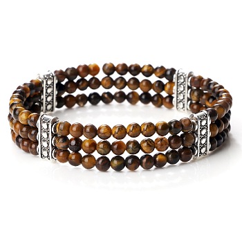 Round Natural Tiger Eye & Alloy Multi-Strand Beaded Stretch Bracelets for Women Men