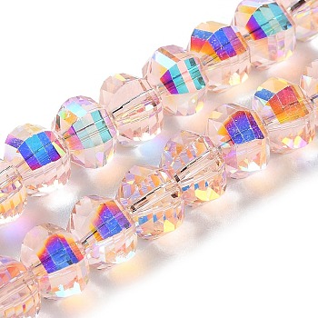 Transparent Electroplate Glass Beads Strands, AB Color Plated, Faceted, Rondelle, Pink, 7.8x5.8~6.3mm, Hole: 1.5mm, about 80pcs/strand, 18.31''~19.88''(46.5~50.5cm)