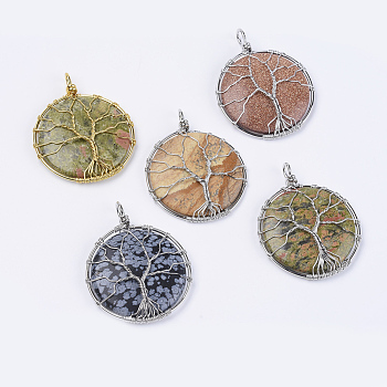 Natural & Synthetic Mixed Stone Big Pendants, Wire Wrapped Pendants, with Brass Findings, Flat Round with Tree of Life, Platinum & Golden, 56x45x9.5mm, Hole: 4x6mm