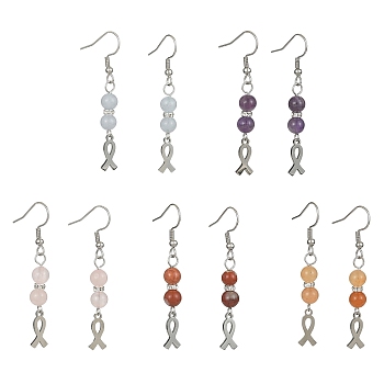 Natural Mixed Gemstone Dangle Earrings, 304 Stainless Steel Breast Cancer Care Ribbon Drop Earrings, 53.5x7mm