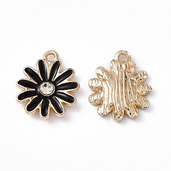 Alloy Rhinestone Pendants, Enamel Style, Light Gold, Chrysanthemum Charm, Black, 17x14x2.5mm, Hole: 1.5mm