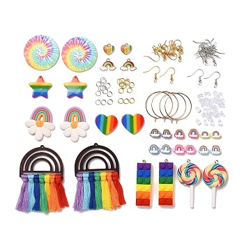 DIY Rainbow Dangle Earring Making Kits, Including Polycotton Tassel & Polymer Clay & Alloy & PU Leather & Acrylic & Plastic Pendants, Polymer Clay Beads, Brass Earring Hooks & Hoop Earrings, Colorful, 112Pcs/box