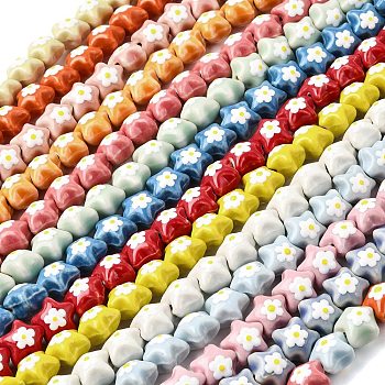 Handmade Porcelain Beads, Star with Flower, Hand Painted, Famille Rose Porcelain, Mixed Color, 15.5~16x16~16.5x13~13.5mm, Hole: 2mm