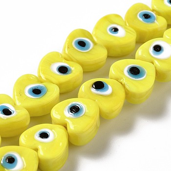 Handmade Evil Eye Lampwork Beads Strands, Heart, Yellow, 12x12x6mm, Hole: 1.4mm, about 33pcs/strand, 14.37''~14.57''(36.5~37cm)