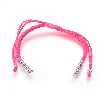 Nylon Cord Braided Bead Bracelets Making, with Brass Beads, Long-Lasting Plated, Real Platinum Plated, Deep Pink, 10-1/4 inch~11-5/8 inch(26~29.6cm)