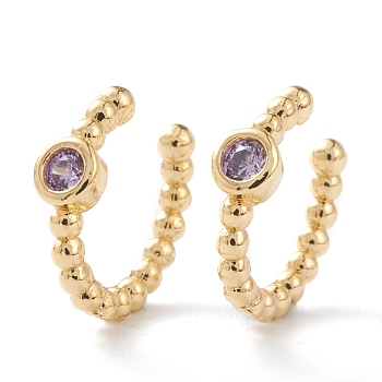 Brass Micro Pave Cubic Zirconia Cuff Earrings, Long-Lasting Plated, Real 18K Gold Plated, Medium Orchid, 12x11.5x2~3mm