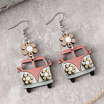 Printed Acrylic Dangle Earrings, School Bus with Flower, Platinum, Light Coral, 65x31mm(FS-WGDA665-01)