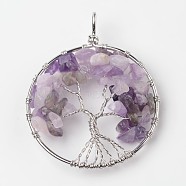 Tree of Life Natural Amethyst Big Pendants, with Brass Findings, Platinum, 63~65x49~51x8~10mm, Hole: 8~10mm(X-G-L455-D09)