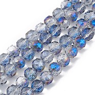 Transparent Electroplate Glass Beads Strands, Faceted, Round, Half Rainbow Plated, Royal Blue, 9~10x9~9.5mm, Hole: 1.4mm, about 54~60pcs/strand, 18.90~21.65 inch(48~55cm)(EGLA-F154-HR01)