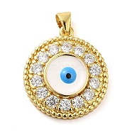 Real 18K Gold Plated Brass Pendants, with Glass and Acrylic, Flat Round with Evil Eye, White, 23x20.5x4.5mm, Hole: 5x3.5mm(KK-A198-13G)