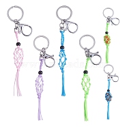 4Pcs  4 Colors Macrame Fringe Braided Keychain, Black Glass Bead Tassel Charm Key Ring for Handbag, Car Decoration, Lime, 17.5cm, 1pc/color(AJEW-SW00014-02)