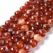 Natural Dyed Fire Crackle Agate Beads Strands, Faceted, Flat Round, FireBrick, 10~10.5x7.5mm, Hole: 1.2mm, about 37~39pcs/strand, 14.57~15.08 inch(37~38.3cm)(G-C023-08B)