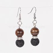 Natural Lava Rock Dangle Earrings, with Tiger Eye Beads, Brass Rhinestone Findings and Earring Hooks, 47mm, Pin: 0.6mm(EJEW-JE02053-03)