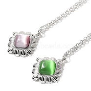 Glass Cat Eye Rhombus Pendant Necklaces, 304 Stainless Steel Cable Chain Necklaces, Stainless Steel Color, Mixed Color, 15.55~15.83 inch(39.5~40.2cm)(NJEW-Z049-01P)