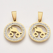 201 Stainless Steel Pendants, with Random Size Snap On Bails and Polymer Clay Crystal Rhinestones, Flat Round with Note, Golden, 23x20x2~3mm, Hole: 7~10x3~5mm(STAS-N089-83G)
