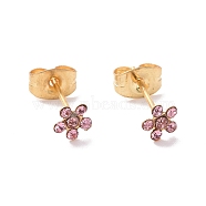 Rhinestone Flower Stud Earrings with 316L Surgical Stainless Steel Pins, Gold Plated 304 Stainless Steel Jewelry for Women, Rose, 5x5mm, Pin: 0.7mm(EJEW-P204-03G-05)