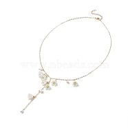 ABS Plastic Flower & Shell Pearl Charms Lariat Necklace, Brass Jewelry for Women, Golden, 17.17 inch(43.6cm)(NJEW-TA00055)