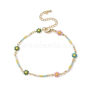 Handmade Brass Daisy Flower Link Chain Anklet for Women, Colorful, 11-3/8 inch(28.9cm)(AJEW-AN00533)