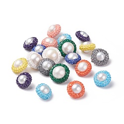 Polymer Clay Rhinestone Beads, with Natural Cultured Freshwater Pearl, Flat Round, Mixed Color, 12~13x8~9mm, Hole: 0.7mm(RB-S055-40)
