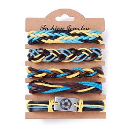 Leather Cord Bracelets Set for Men Women, Football Rectangle Link Braided Bracelets, Adjustable Sport Wristbands, Dodger Blue, Inner Diameter: 2~3-1/4 inch(5.1~8.1cm), 5pcs/set (BJEW-C005-02A)