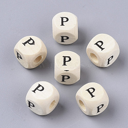 Printed Natural Wood Beads, Horizontal Hole, Cube with Initial Letter, PapayaWhip, Letter.P, 10x10x10mm, Hole: 3.5mm, about 1000pcs/500g(WOOD-T026-001P)