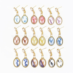 Oval with Porcelain Rack Plating Alloy Dangle Stud Earrings, with 925 Sterling Silver Pins, Long-Lasting Plated, Golden, Cadmium Free & Lead Free, Mixed Color, 34x13mm, Pin: 0.7mm(EJEW-S211-002-RS)