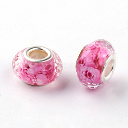 Resin European Beads, Large Hole Beads, with Silver Color Plated Brass Cores, Faceted, Rondelle, Hot Pink, 14x9mm, Hole: 5mm(X-RPDL-S010-14)