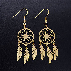 201 Stainless Steel Chandelier Earrings, Woven Net/Web with Feather, Golden, 70x20mm, Pin: 0.7mm(STAS-S105-JN360-2)