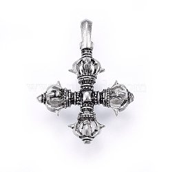 304 Stainless Steel Dorje Vajra Pendants, Cross, Antique Silver, 42.5~44x31~32.5x11~11.5mm, Hole: 7x4mm(STAS-O108-59AS)