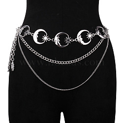 Alloy Moon 3-Layer Waist Chain Belts, Women Metal Link Chain Belts for Pants Dresses, Platinum, 400~1100mm(WG436AA-08)