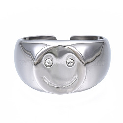 304 Stainless Steel Smiling Face Open Cuff Ring, Chunky Ring for Women, Stainless Steel Color, US Size 8 1/4(18.3mm)(RJEW-T023-90P)
