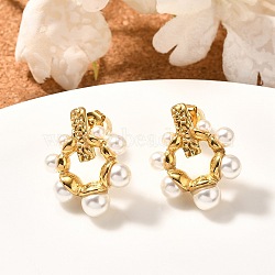 304 Stainless Steel Stud Earrings, with Shell Pearl, Real 18K Gold Plated, Ring, 22x18mm(EJEW-A123-01B-G)