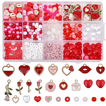 DIY Valentine's Day Jewelry Making Finding Kit, Include Heart & Heart Resin & Glass & Acrylic & Polymer Clay Beads, Flower & Message Box & Evelope Alloy Enamel Pendants, Red, 460Pcs/Box