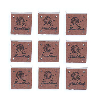 Microfiber Label Tags, with Holes & Word Hand Made, for DIY Jeans, Bags, Shoes, Hat Accessories, Square, Brown, 25x25mm