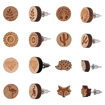 Natural Wood Stud Earrings, with Stainless Steel Stud Earring Findings and Ear Nuts, Mixed Shapes, Bisque, 7pairs/box