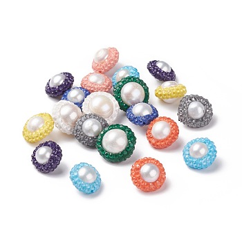 Polymer Clay Rhinestone Beads, with Natural Cultured Freshwater Pearl, Flat Round, Mixed Color, 12~13x8~9mm, Hole: 0.7mm