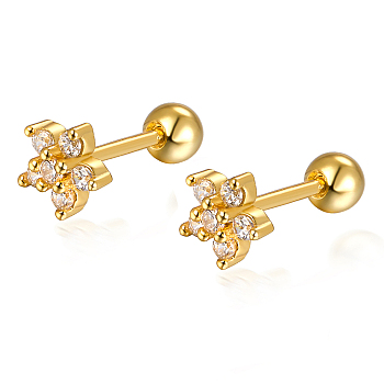 S925 Sterling Silver Flower Stud Earrings, with Cubic Zirconia, Golden, Golden, 5x3mm