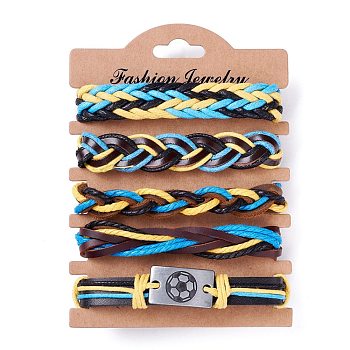 Leather Cord Bracelets Set for Men Women, Football Rectangle Link Braided Bracelets, Adjustable Sport Wristbands, Dodger Blue, Inner Diameter: 2~3-1/4 inch(5.1~8.1cm), 5pcs/set 